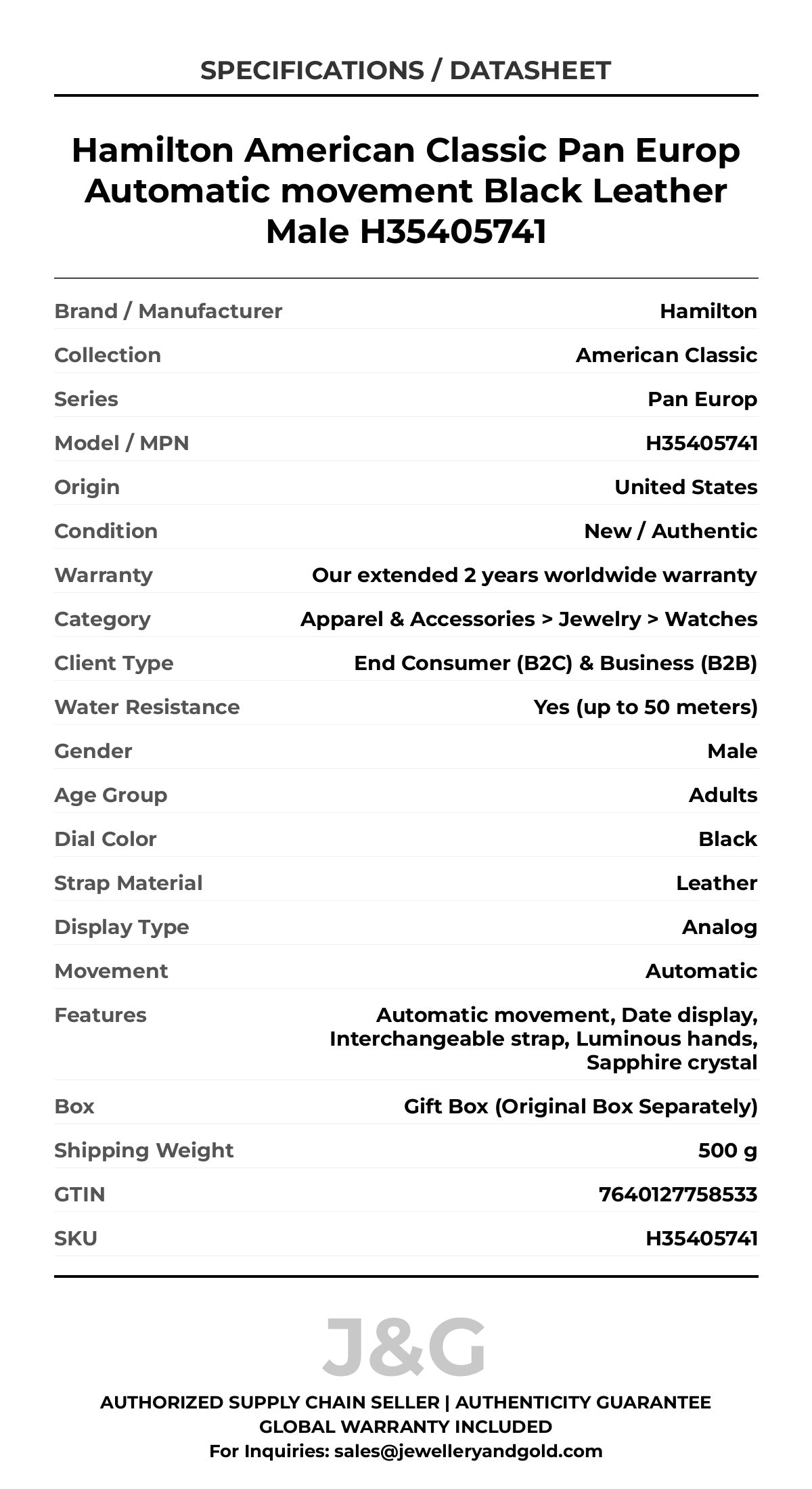 Hamilton American Classic Pan Europ Automatic movement Black Leather Male H35405741 - Specifications