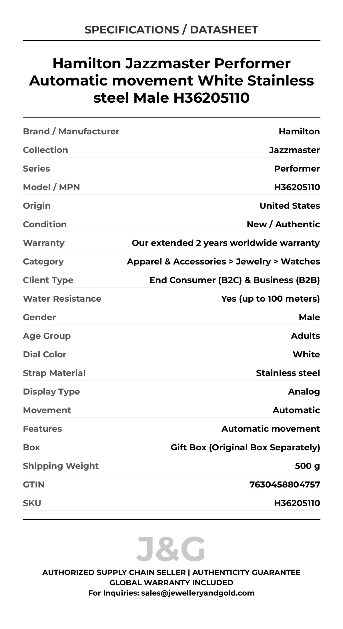 Hamilton Jazzmaster Performer Automatic movement White Stainless steel Male H36205110 - Specifications