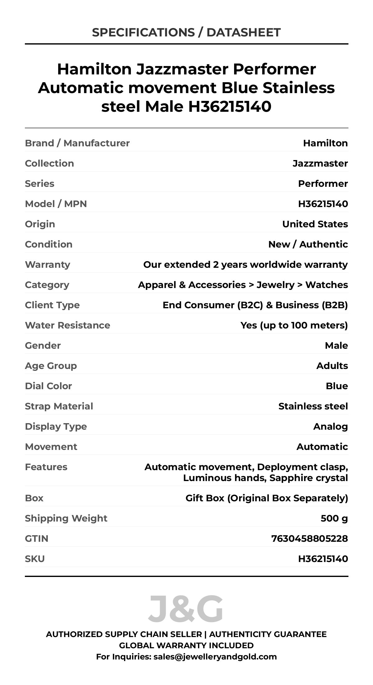 Hamilton Jazzmaster Performer Automatic movement Blue Stainless steel Male H36215140 - Specifications