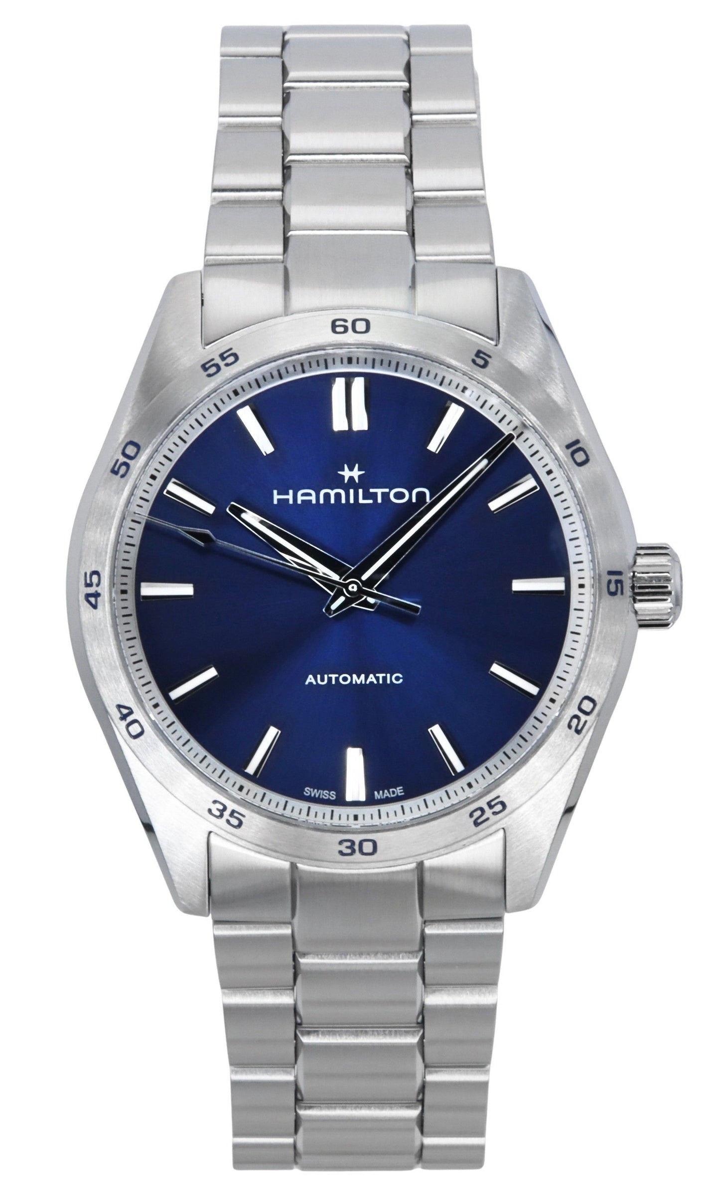 Hamilton Jazzmaster Performer Automatic movement Blue Stainless steel Male H36215140. A brand-new Hamilton Jazzmaster watch featuring a Blue dial and a Stainless steel strap. Angled view.