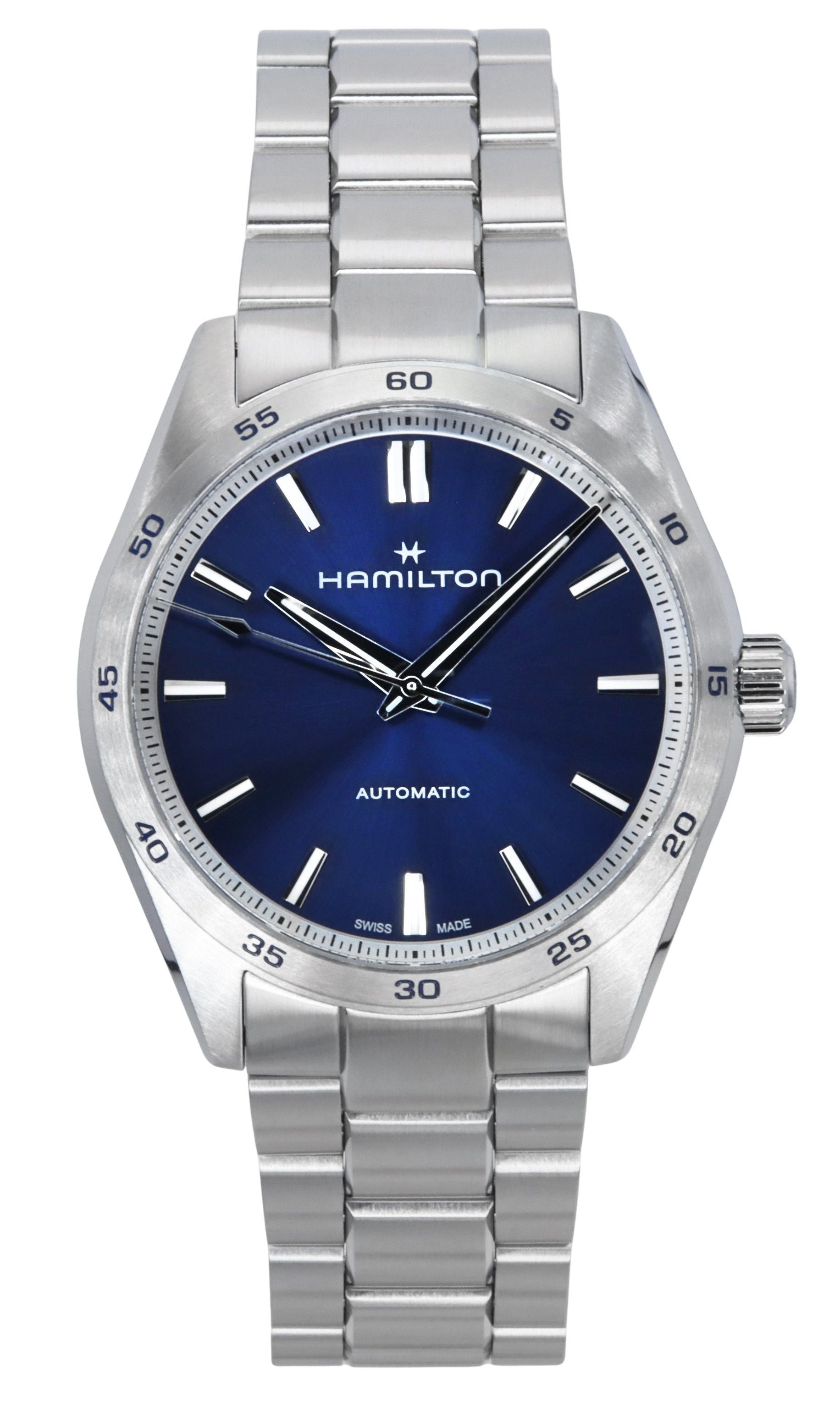 Hamilton Jazzmaster Performer Automatic movement Blue Stainless steel Male H36215140. A brand-new Hamilton Jazzmaster watch featuring a Blue dial and a Stainless steel strap. Angled view.