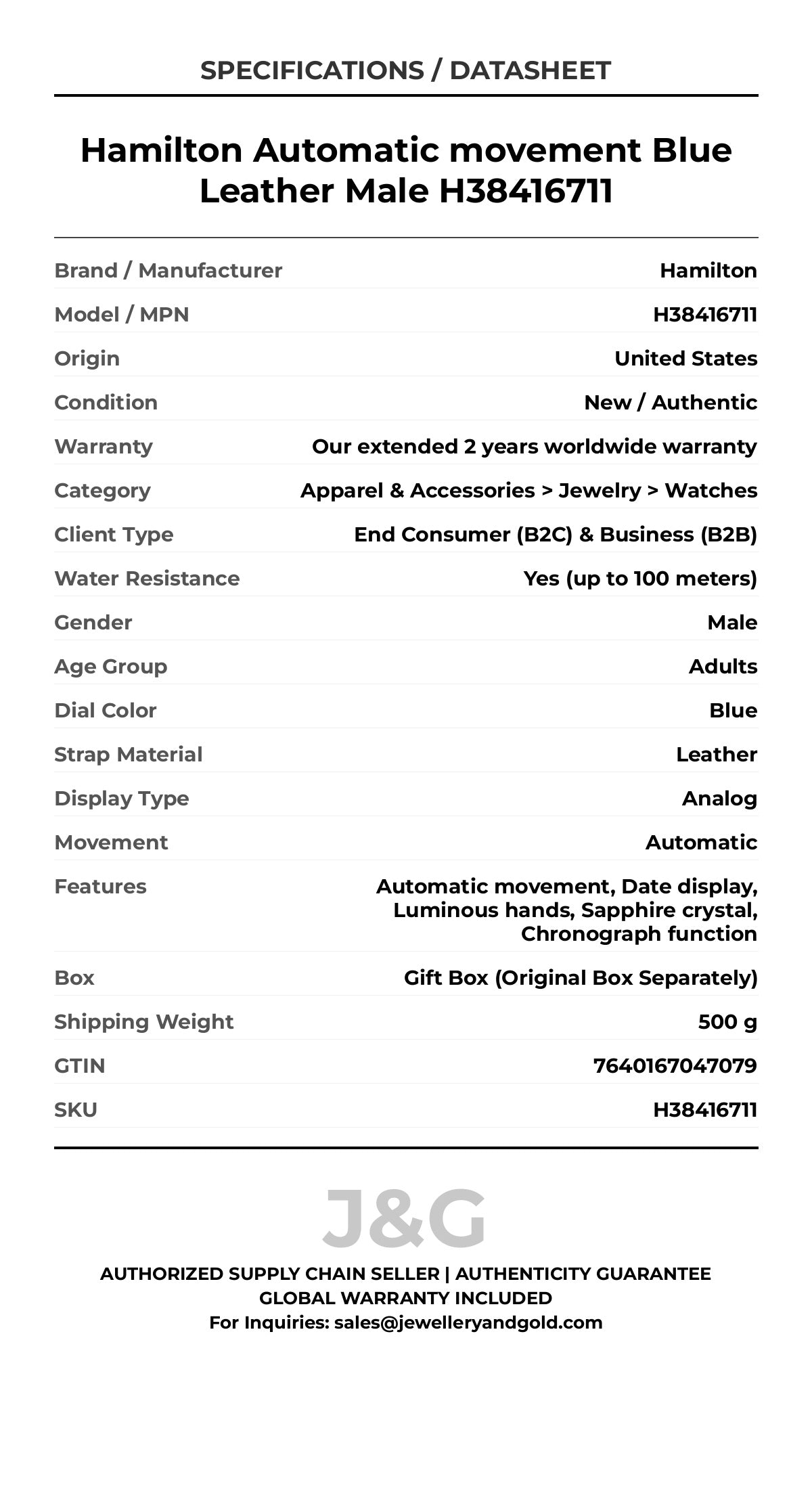 Hamilton Automatic movement Blue Leather Male H38416711 - Specifications