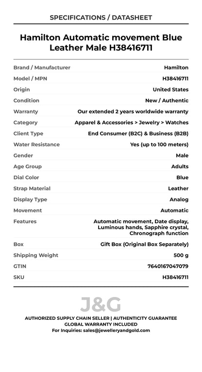 Hamilton Automatic movement Blue Leather Male H38416711 - Specifications