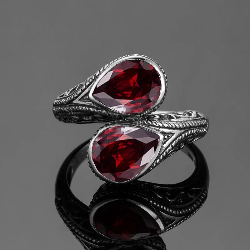 Gothic Tear Drop Garnet Ring – 925 Sterling Silver, Vintage Two-Stone Jewelry, Wife Anniversary Gift