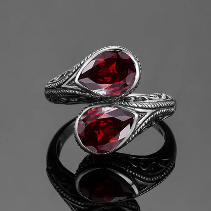 Gothic Tear Drop Garnet Ring – 925 Sterling Silver, Vintage Two-Stone Jewelry, Wife Anniversary Gift