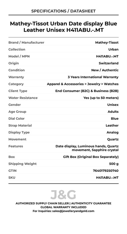 Mathey-Tissot Urban Date display Blue Leather Unisex H411ABU.-.MT - Specifications