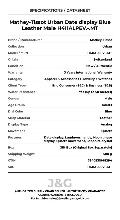 Mathey-Tissot Urban Date display Blue Leather Male H411ALPEV.-.MT - Specifications