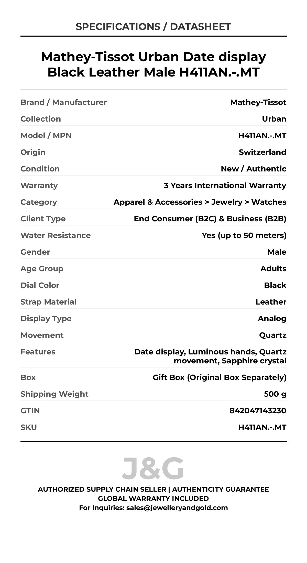Mathey-Tissot Urban Date display Black Leather Male H411AN.-.MT - Specifications