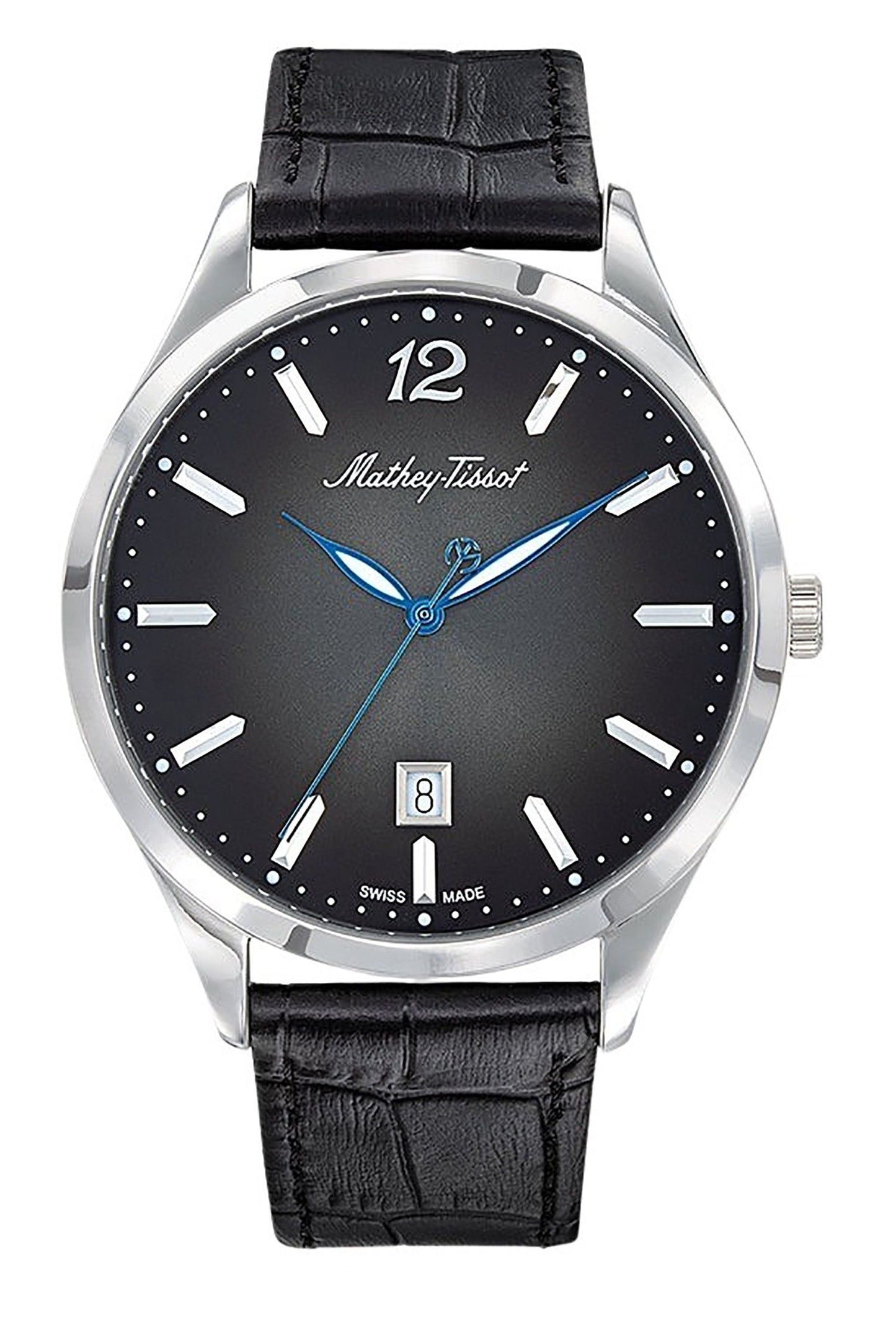 Mathey-Tissot Urban Date display Black Leather Male H411AN.-.MT. A brand-new Mathey-Tissot Urban watch featuring a Black dial and a Leather strap. Angled view.