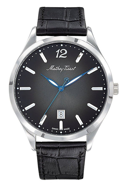 Mathey-Tissot Urban Date display Black Leather Male H411AN.-.MT. A brand-new Mathey-Tissot Urban watch featuring a Black dial and a Leather strap. Angled view.