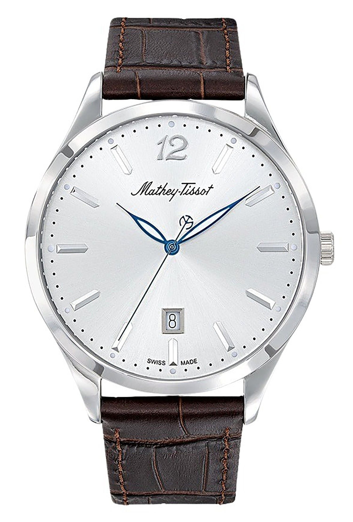 Mathey-Tissot Urban Date display Silver Leather Male H411AS.-.MT. A brand-new Mathey-Tissot Urban watch featuring a Silver dial and a Leather strap. Side view.