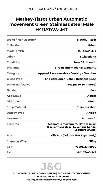 Mathey-Tissot Urban Automatic movement Green Stainless steel Male H411ATAV.-.MT - Specifications
