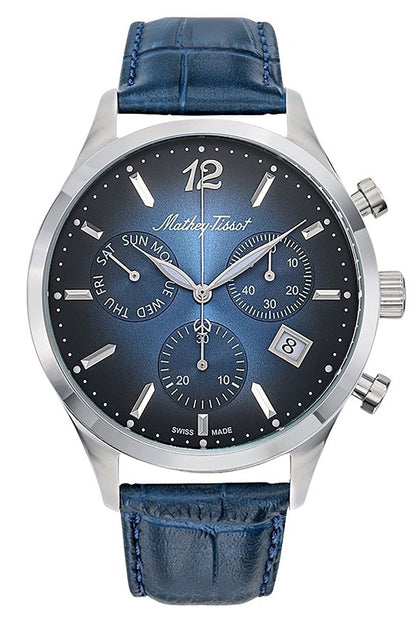 Mathey-Tissot Urban Date display Blue Leather Male H411CHALBU.-.MT. A brand-new Mathey-Tissot Urban watch featuring a Blue dial and a Leather strap. Front view.