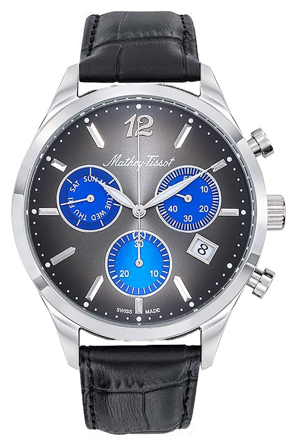 Mathey-Tissot Urban Date display Black Leather Male H411CHALMB.-.MT. A brand-new Mathey-Tissot Urban watch featuring a Black dial and a Leather strap. Side view.