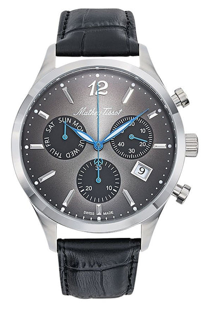 Mathey-Tissot Urban Date display Black Leather Male H411CHALN.-.MT. A brand-new Mathey-Tissot Urban watch featuring a Black dial and a Leather strap. Side view.
