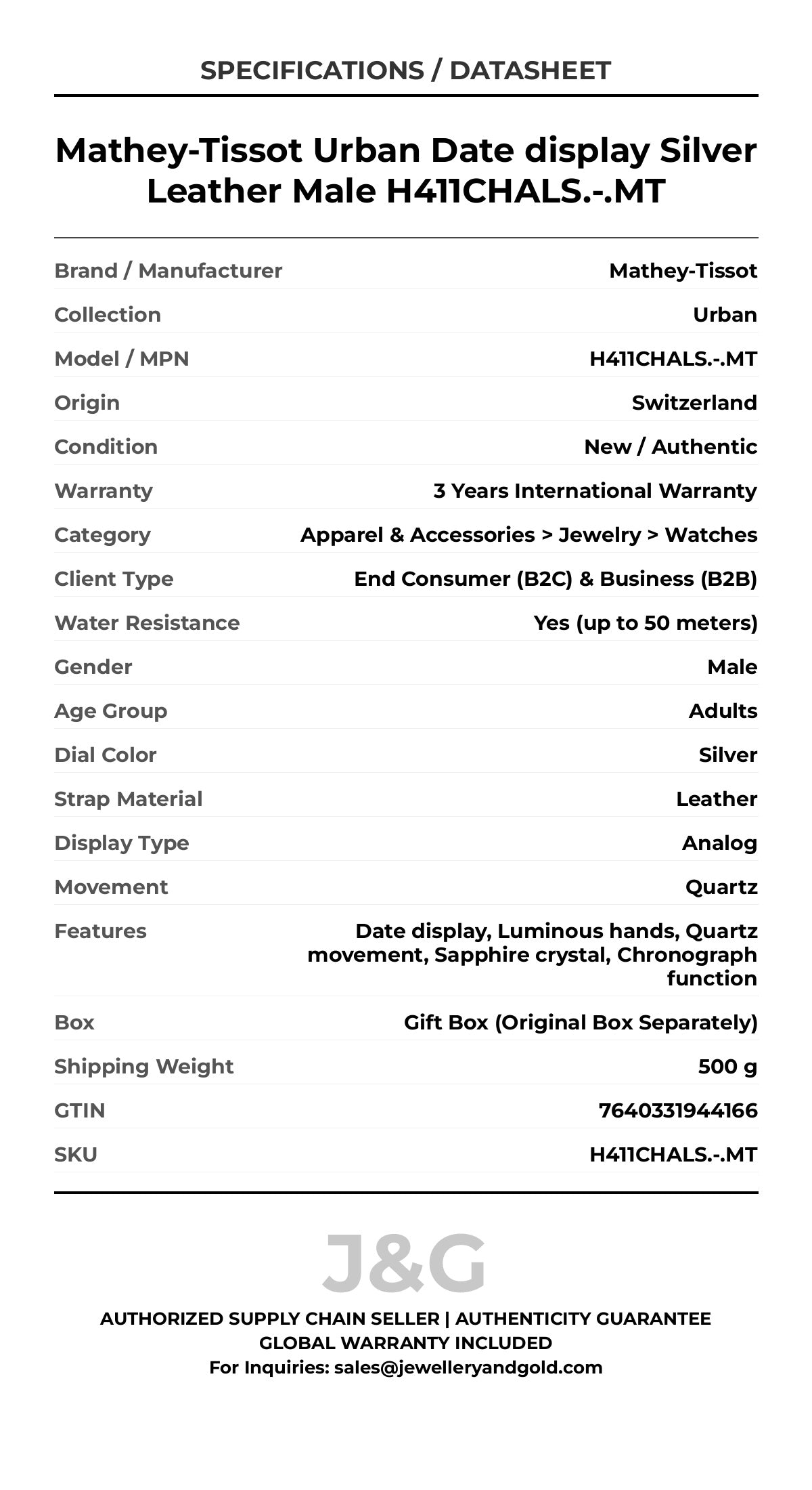 Mathey-Tissot Urban Date display Silver Leather Male H411CHALS.-.MT - Specifications
