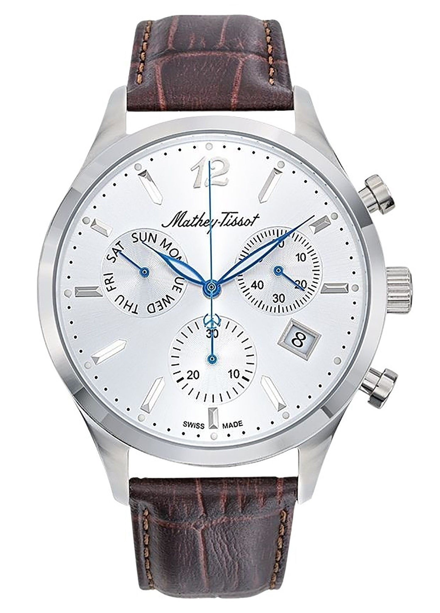 Mathey-Tissot Urban Date display Silver Leather Male H411CHALS.-.MT. A brand-new Mathey-Tissot Urban watch featuring a Silver dial and a Leather strap. Angled view.