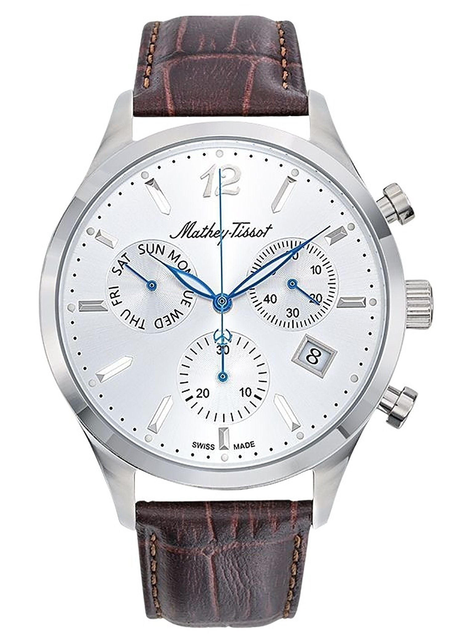 Mathey-Tissot Urban Date display Silver Leather Male H411CHALS.-.MT. A brand-new Mathey-Tissot Urban watch featuring a Silver dial and a Leather strap. Angled view.