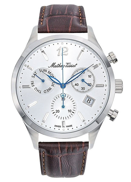 Mathey-Tissot Urban Date display Silver Leather Male H411CHALS.-.MT. A brand-new Mathey-Tissot Urban watch featuring a Silver dial and a Leather strap. Angled view.