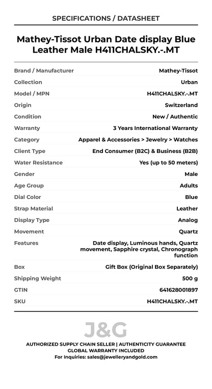Mathey-Tissot Urban Date display Blue Leather Male H411CHALSKY.-.MT - Specifications
