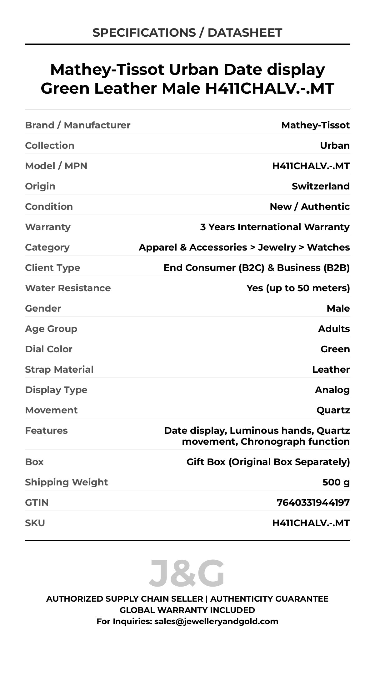 Mathey-Tissot Urban Date display Green Leather Male H411CHALV.-.MT - Specifications