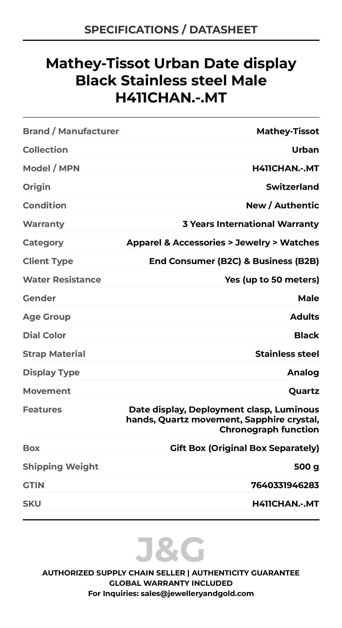 Mathey-Tissot Urban Date display Black Stainless steel Male H411CHAN.-.MT - Specifications
