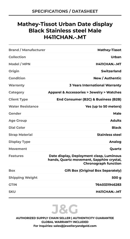 Mathey-Tissot Urban Date display Black Stainless steel Male H411CHAN.-.MT - Specifications