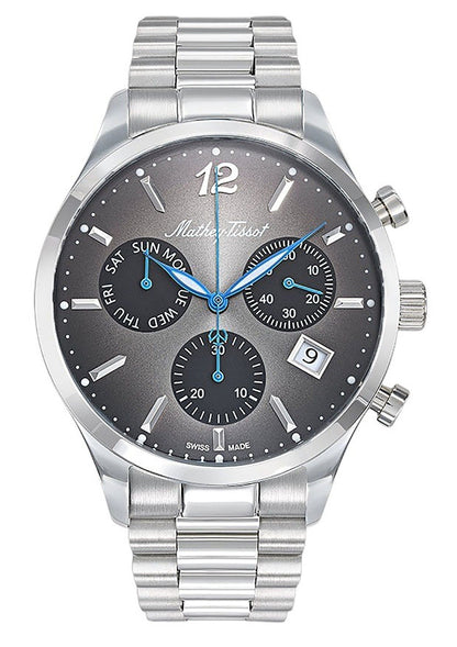 Mathey-Tissot Urban Date display Black Stainless steel Male H411CHAN.-.MT. A brand-new Mathey-Tissot Urban watch featuring a Black dial and a Stainless steel strap. Front view.