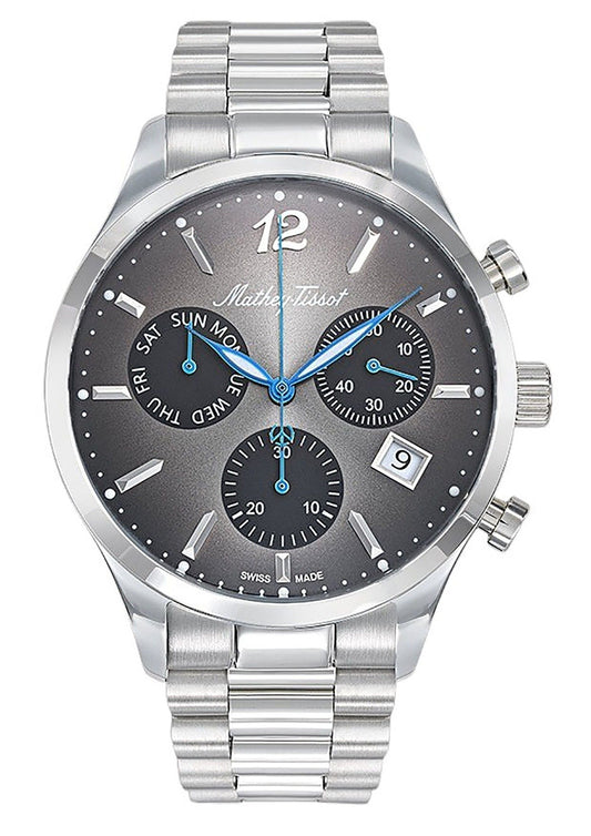 Mathey-Tissot Urban Date display Black Stainless steel Male H411CHAN.-.MT. A brand-new Mathey-Tissot Urban watch featuring a Black dial and a Stainless steel strap. Front view.