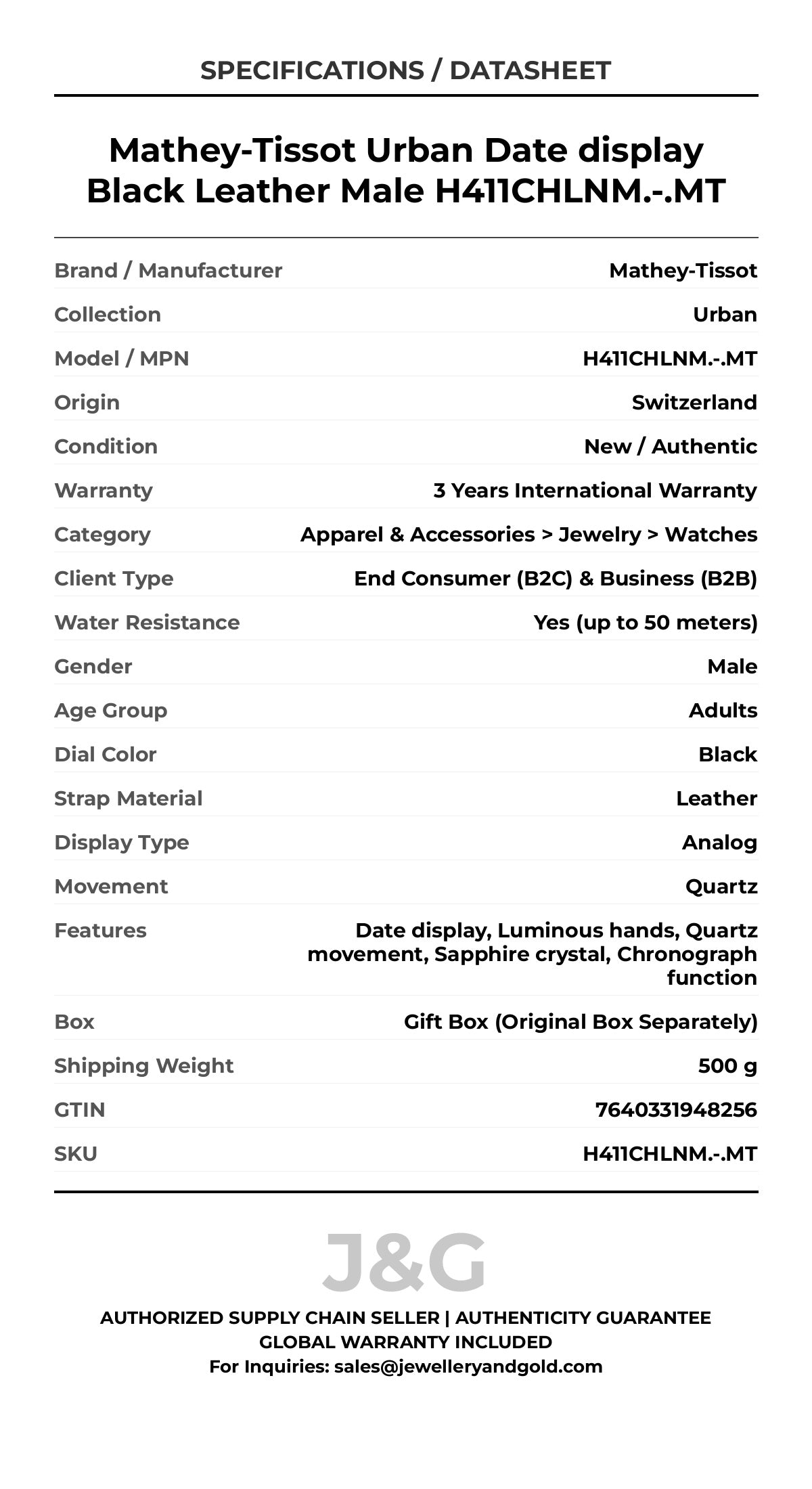 Mathey-Tissot Urban Date display Black Leather Male H411CHLNM.-.MT - Specifications