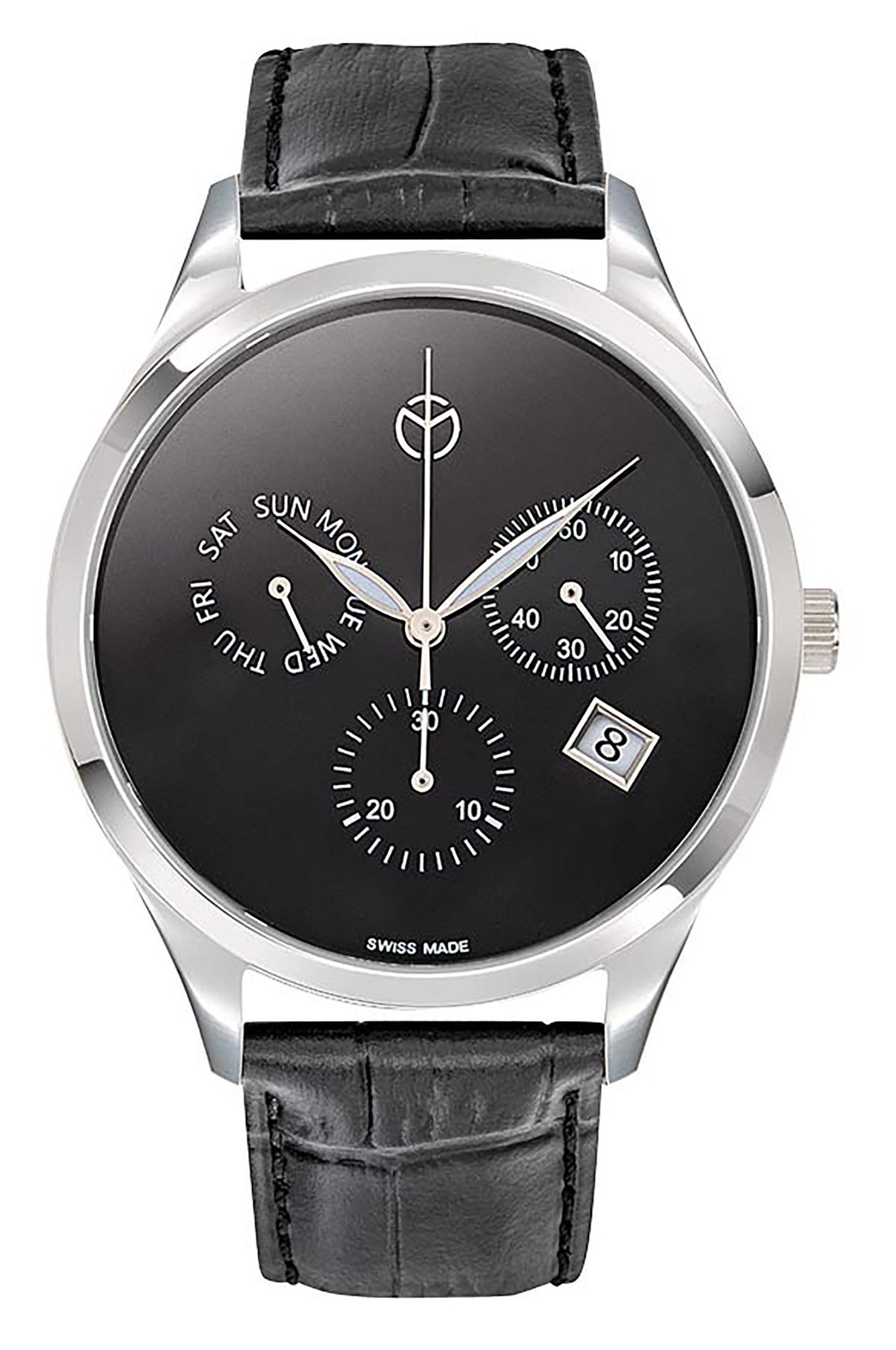 Mathey-Tissot Urban Date display Black Leather Male H411CHLNM.-.MT. A brand-new Mathey-Tissot Urban watch featuring a Black dial and a Leather strap. Side view.