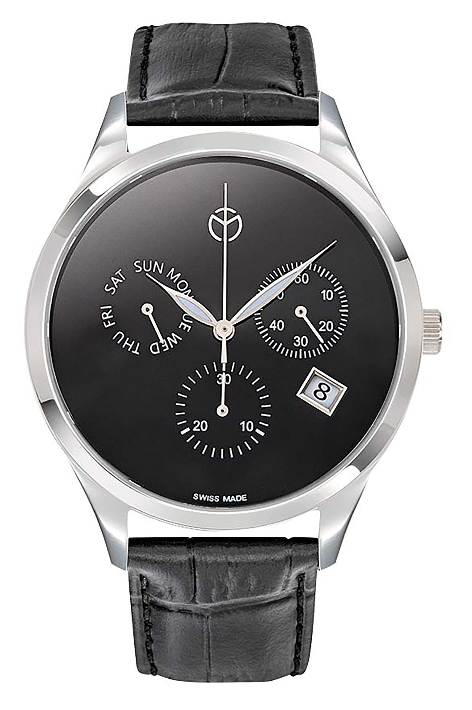 Mathey-Tissot Urban Date display Black Leather Male H411CHLNM.-.MT. A brand-new Mathey-Tissot Urban watch featuring a Black dial and a Leather strap. Side view.