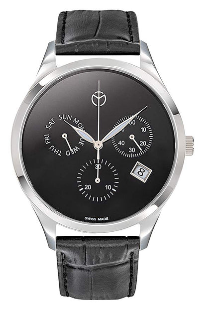 Mathey-Tissot Urban Date display Black Leather Male H411CHLNM.-.MT. A brand-new Mathey-Tissot Urban watch featuring a Black dial and a Leather strap. Side view.