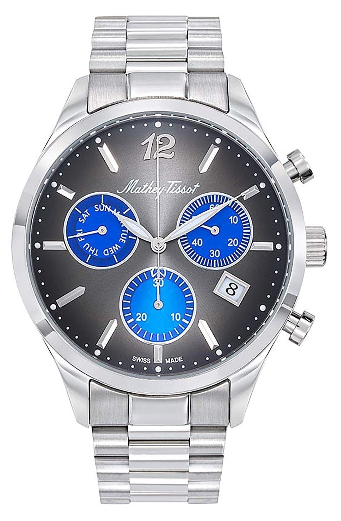 Mathey-Tissot Urban Date display Black Stainless steel Male H411CHMB.-.MT. A brand-new Mathey-Tissot Urban watch featuring a Black dial and a Stainless steel strap. Side view.