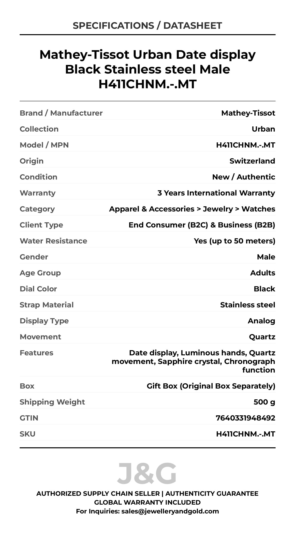 Mathey-Tissot Urban Date display Black Stainless steel Male H411CHNM.-.MT - Specifications