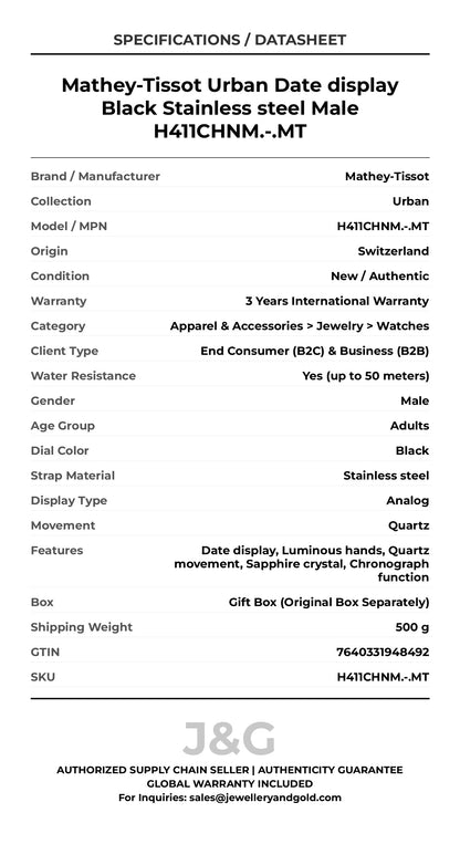 Mathey-Tissot Urban Date display Black Stainless steel Male H411CHNM.-.MT - Specifications