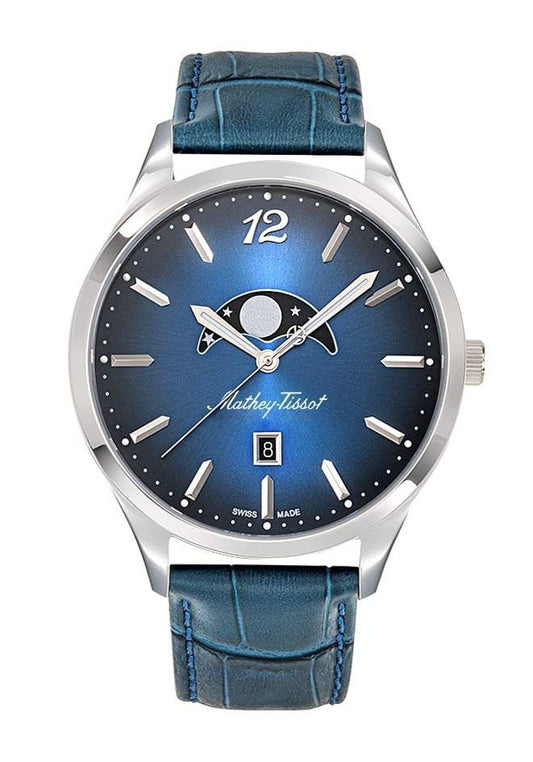 Mathey-Tissot Urban Date display Blue Leather Male H411LABU.-.MT. A brand-new Mathey-Tissot Urban watch featuring a Blue dial and a Leather strap. Side view.