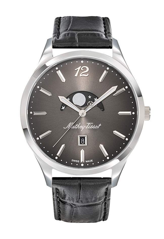 Mathey-Tissot Urban Date display Black Leather Male H411LAN.-.MT. A brand-new Mathey-Tissot Urban watch featuring a Black dial and a Leather strap. Side view.