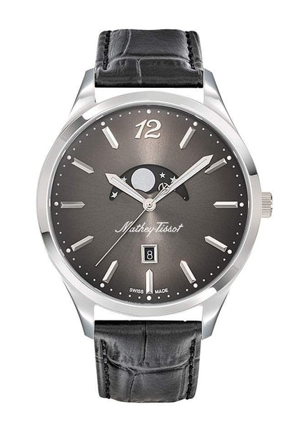Mathey-Tissot Urban Date display Black Leather Male H411LAN.-.MT. A brand-new Mathey-Tissot Urban watch featuring a Black dial and a Leather strap. Side view.