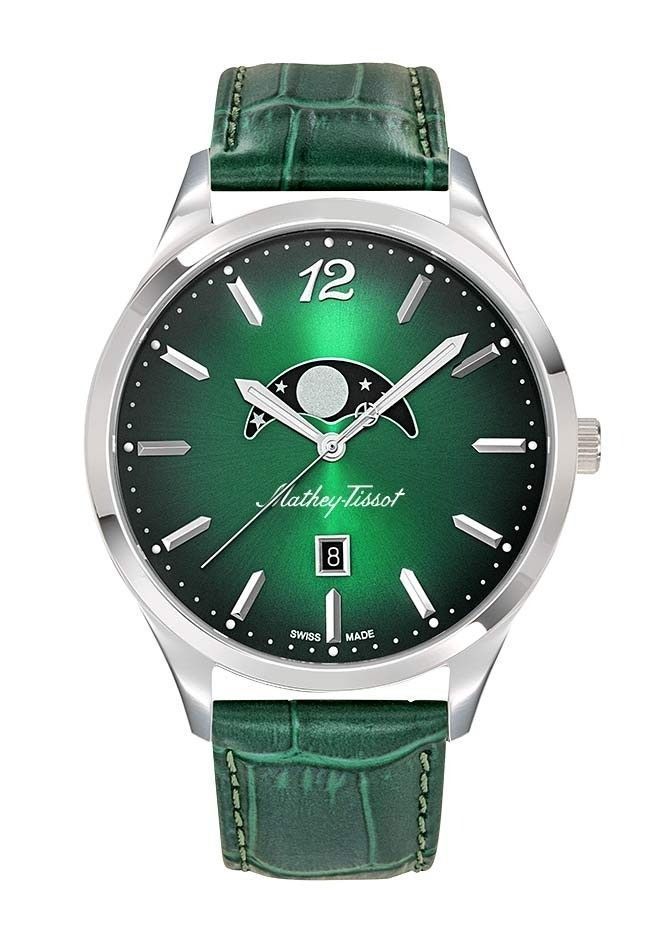 Mathey-Tissot Urban Date display Green Leather Male H411LAVM.-.MT. A brand-new Mathey-Tissot Urban watch featuring a Green dial and a Leather strap. Side view.