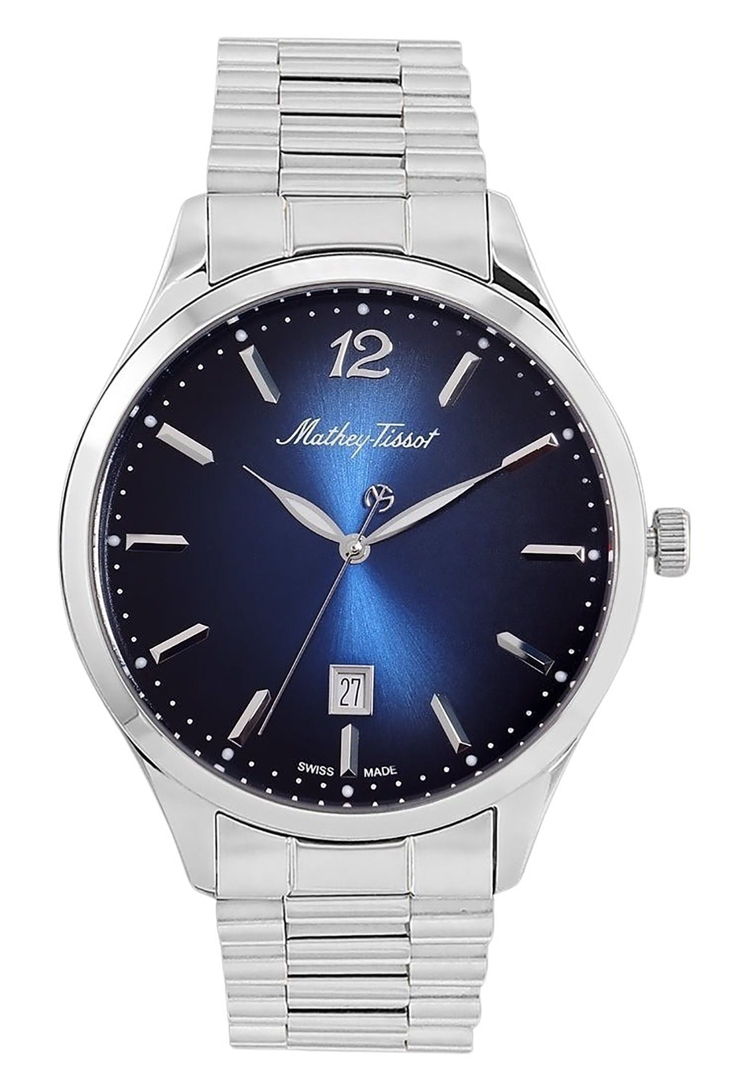 Mathey-Tissot Urban Date display Blue Stainless steel Unisex H411MABU.-.MT. A brand-new Mathey-Tissot Urban watch featuring a Blue dial and a Stainless steel strap. Angled view.