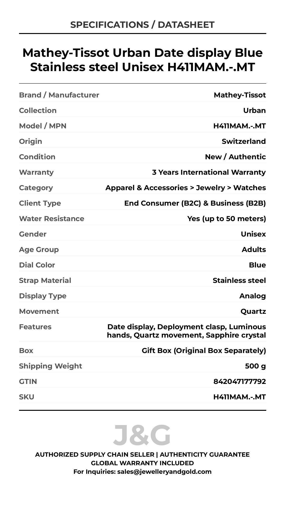Mathey-Tissot Urban Date display Blue Stainless steel Unisex H411MAM.-.MT - Specifications