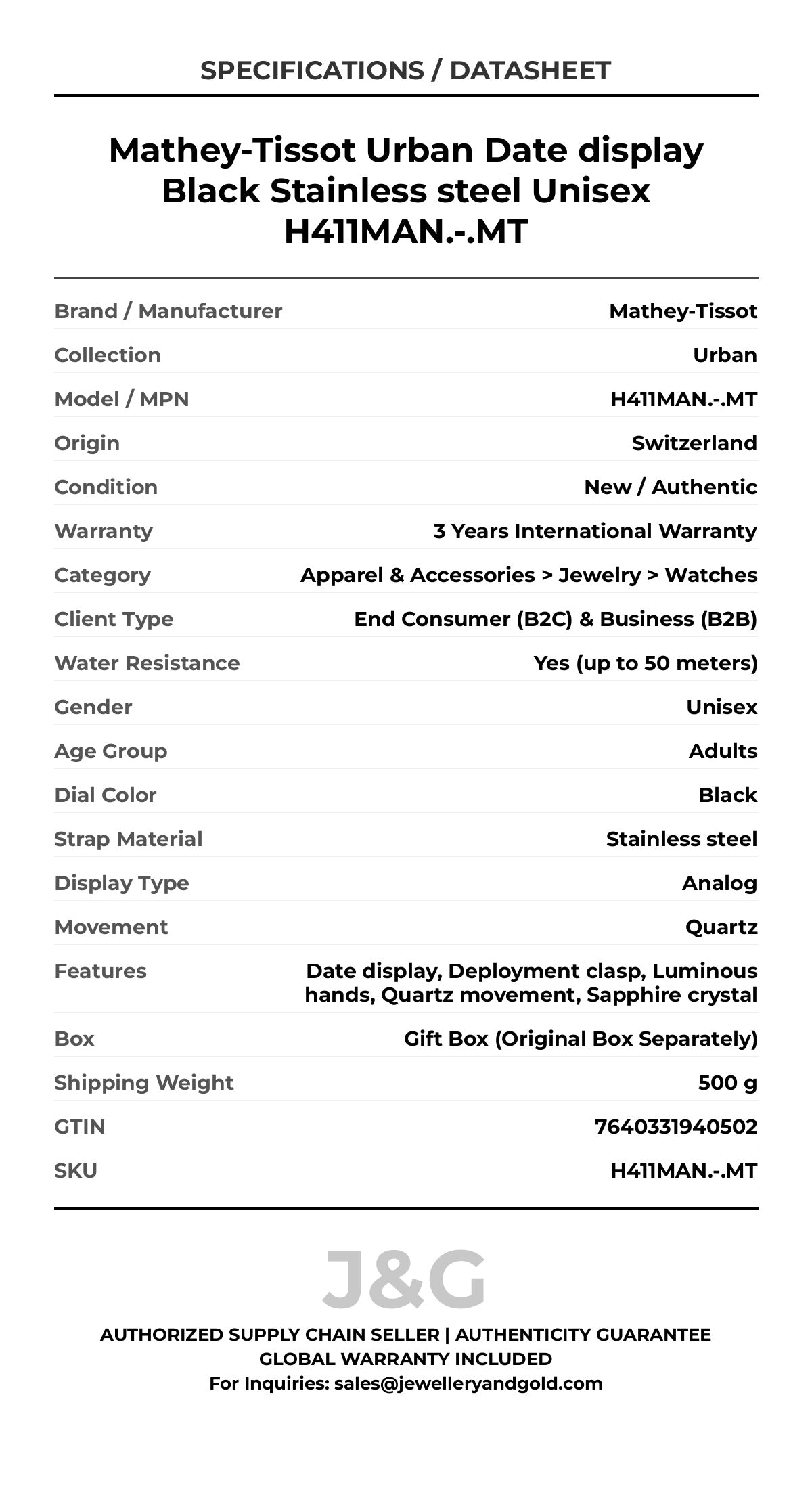 Mathey-Tissot Urban Date display Black Stainless steel Unisex H411MAN.-.MT - Specifications