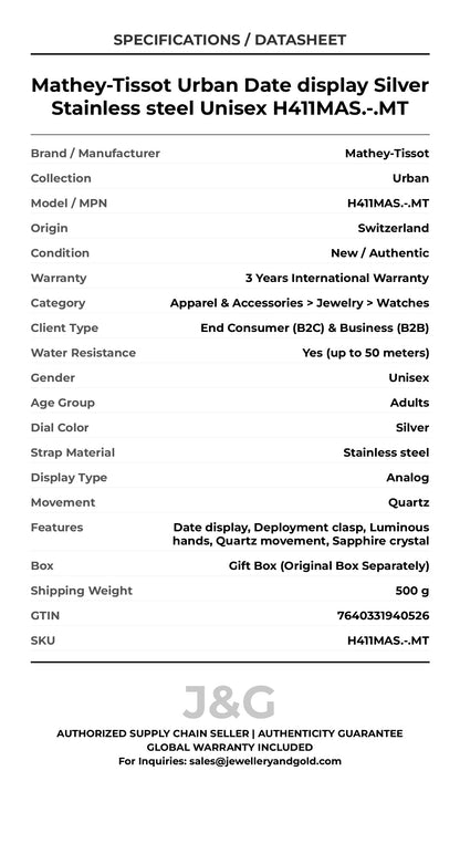 Mathey-Tissot Urban Date display Silver Stainless steel Unisex H411MAS.-.MT - Specifications