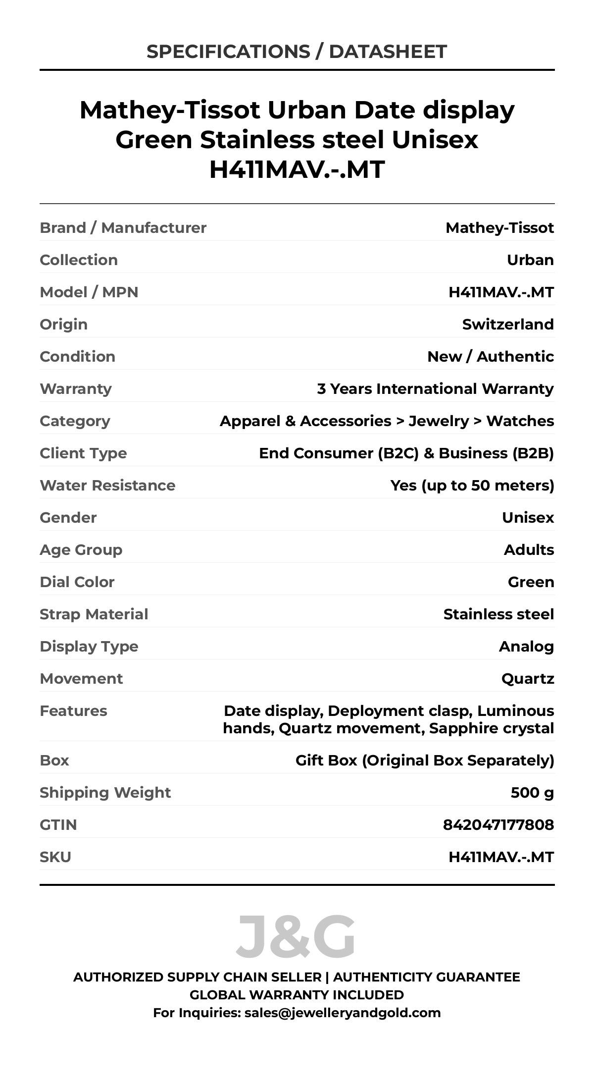 Mathey-Tissot Urban Date display Green Stainless steel Unisex H411MAV.-.MT - Specifications