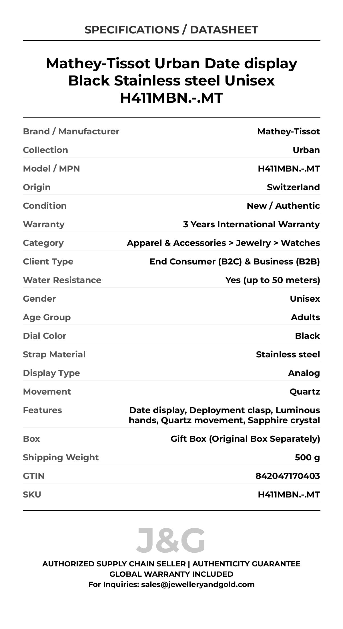 Mathey-Tissot Urban Date display Black Stainless steel Unisex H411MBN.-.MT - Specifications