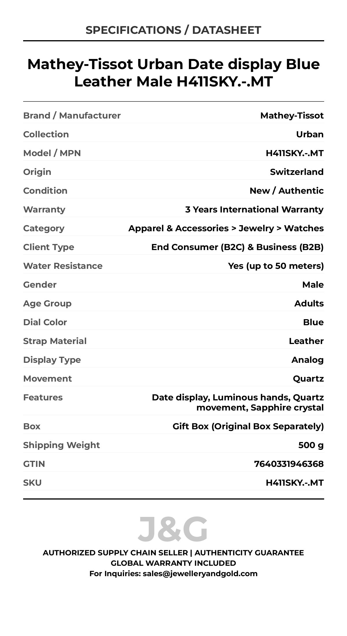 Mathey-Tissot Urban Date display Blue Leather Male H411SKY.-.MT - Specifications