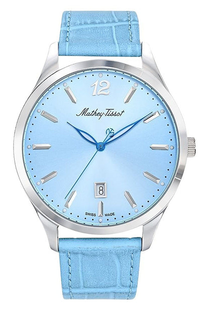 Mathey-Tissot Urban Date display Blue Leather Male H411SKY.-.MT. A brand-new Mathey-Tissot Urban watch featuring a Blue dial and a Leather strap. Side view.