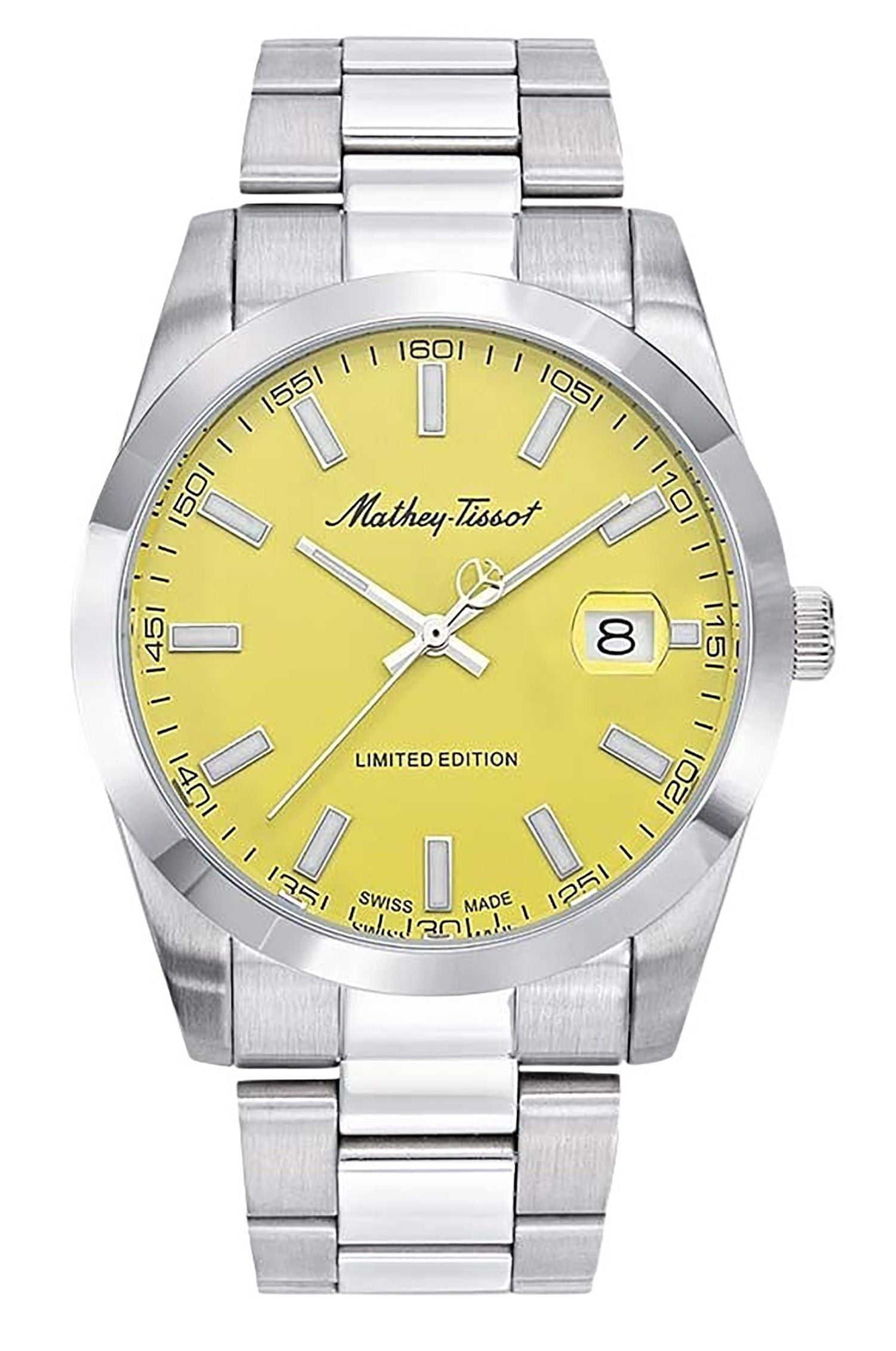 Mathey-Tissot Mathy Sunray Date display Yellow Stainless steel Male H451J.-.MT. A brand-new Mathey-Tissot Mathy watch featuring a Yellow dial and a Stainless steel strap. Front view.