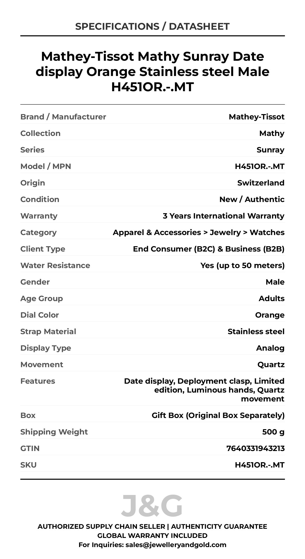 Mathey-Tissot Mathy Sunray Date display Orange Stainless steel Male H451OR.-.MT - Specifications